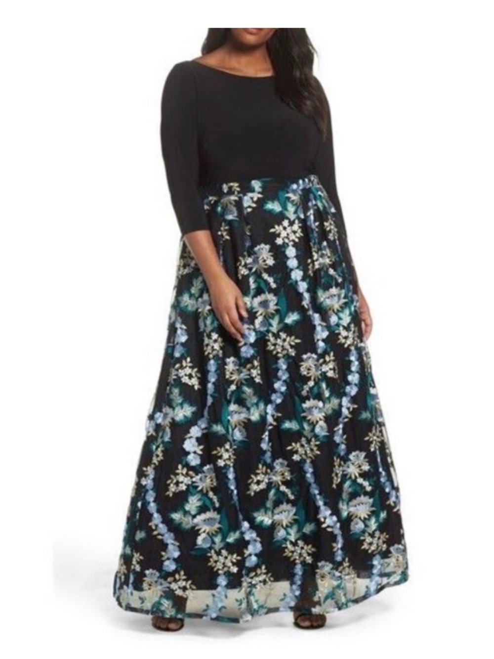 Adrianna Papell Empire Waist Embroidered Skirt Full Length Dress Size 14W